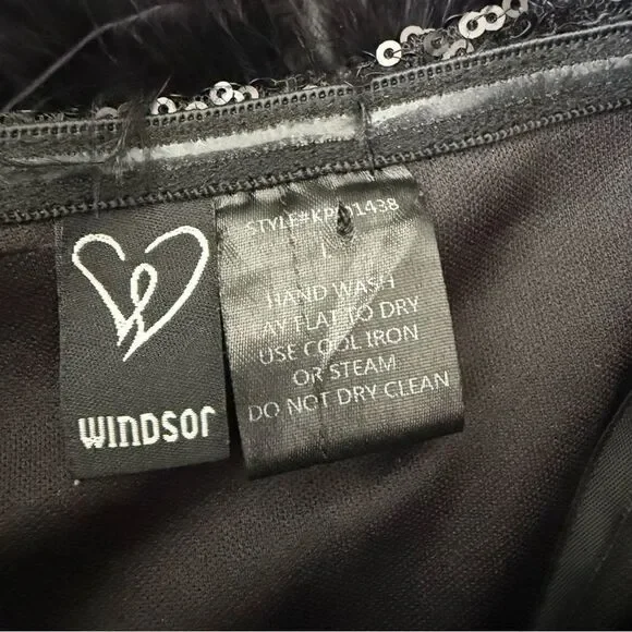 Windsor Black Sequins Strapless Corset Mini Dress with Feather Neckline Size L - Picture 8 of 9